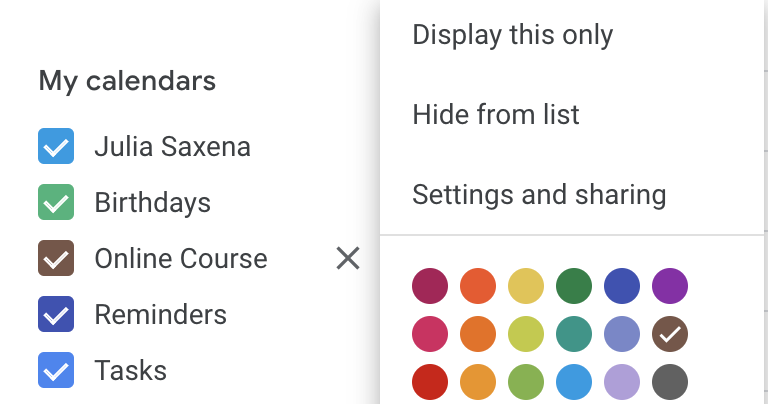 Settings and sharing in Google calendar