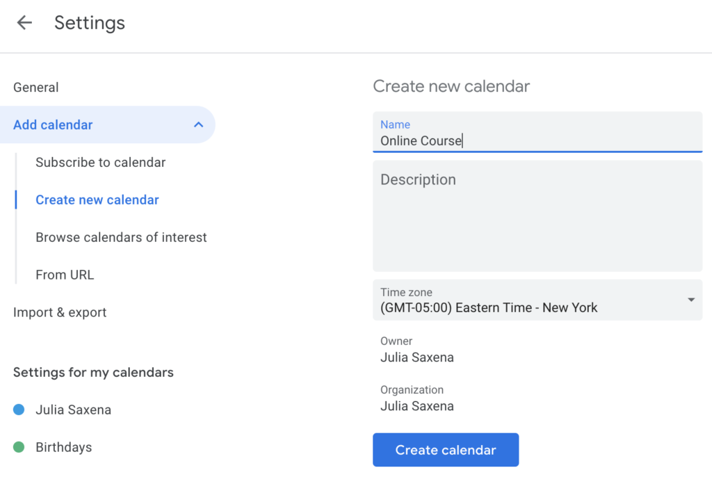 Creating a new calendar in Google calendar