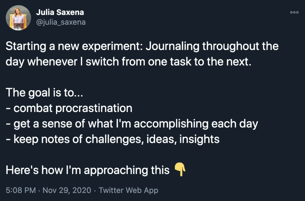 Tweet about new experiment with Interstitial Journaling