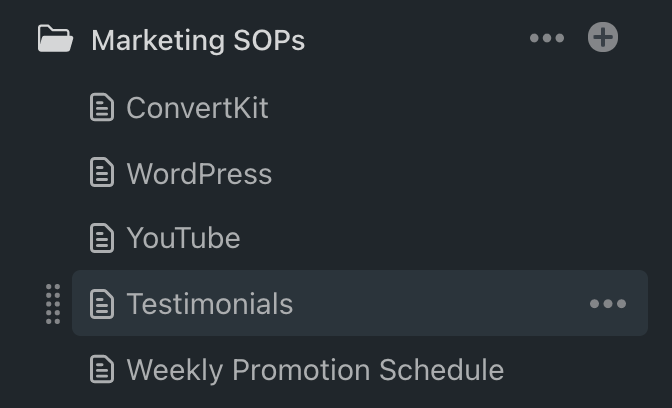 Screenshot of list of Marketing SOPs